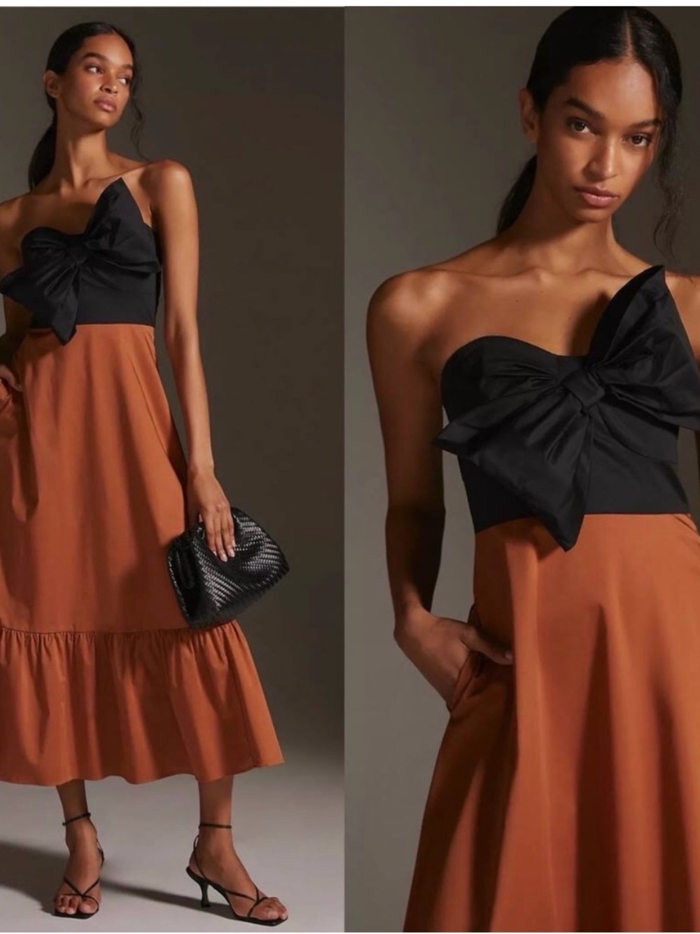 Anthropologie Strapless Bow Bodice Two-Tone Midi Dress - Black & Rust